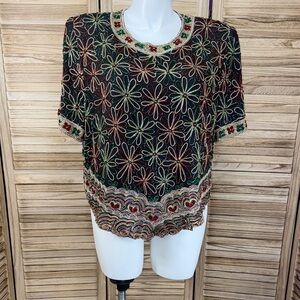 Laurence Kazar Blouse Beaded Vintage Red Green Gold Silver Size 2x